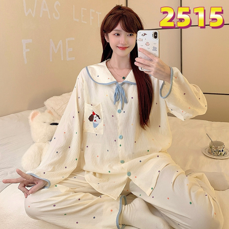 Bộ Đồ Ngủ Pijama Nữ cotton dài tay Thêu Xinh xắn dễ thương Vải mềm