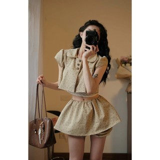 Set Bộ Nữ Sang Chảnh 3 CT Áo Thô Hoa Nhí Cúc Bọc Mix Quần Váy Cạp Trễ Style Ulzzang Hàn Quốc