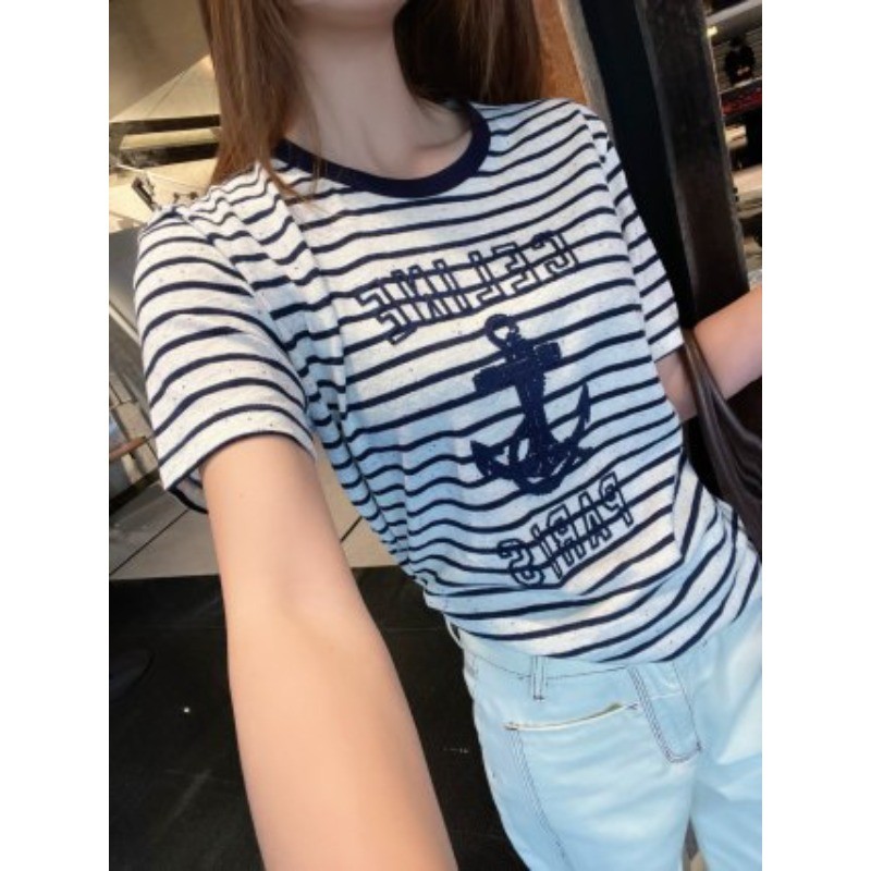 Áo thun Cotton sọc cổ tròn ngắn tay mới dành cho nữ