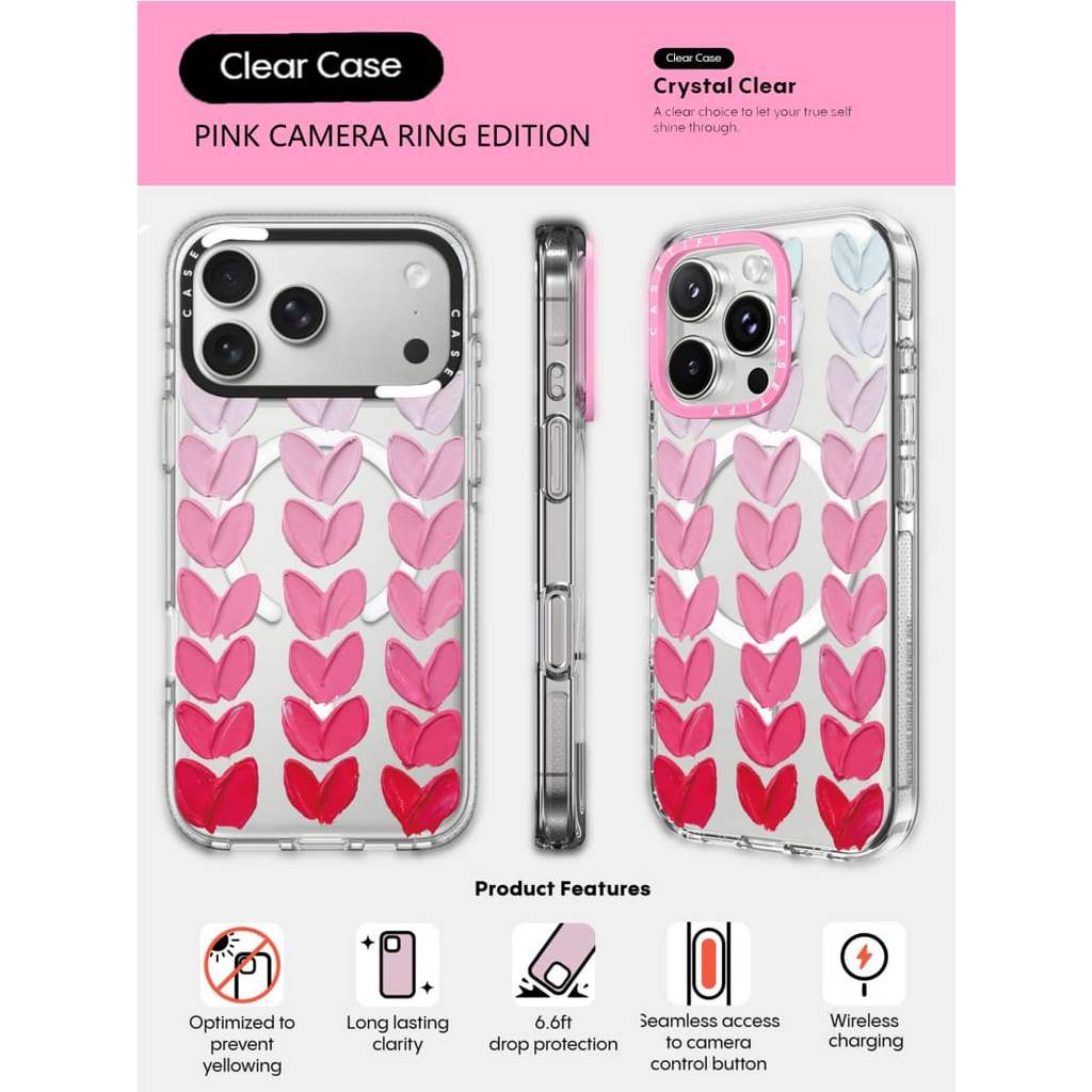 CASECASE X Pink Gradient Love Phone Case HỒNG CAMERA RING EDITION Tác động Vỏ hút từ tính trong suốt cho iPhone 17 / 16 / 15 / 14 / 13 Pro Max Air với bao bì cao cấp