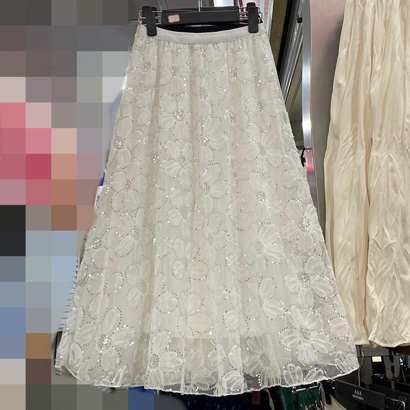 Váy voan đính sequin mùa thu/đông mới, kiểu Pháp ngọt ngào, ren hoa, lưới, dáng xòe