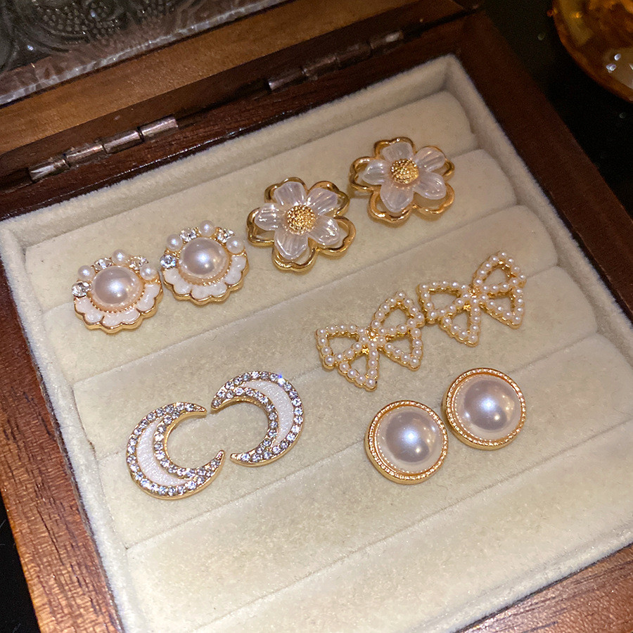 Bộ bông tai ngọc trai hoa nơ mặt trăng, style retro Pháp đơn giản, cao cấp dành cho nữ (10 cái)
