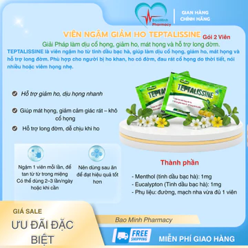Viên Ngậm Giảm Ho TEPTALISSINE – Mát Họng, Long Đờm – Kẹo Ngậm Ho Tinh Dầu Bạc Hà (Gói 2 Viên)