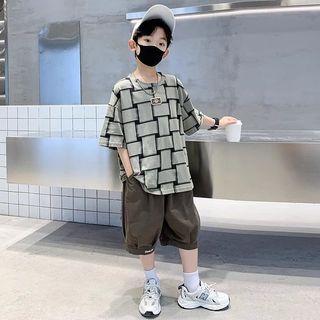 Áo thun tay ngắn cho bé trai – Cotton mỏng in họa tiết ô vuông, form rộng phong cách street mùa hè