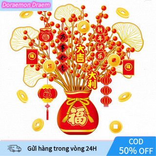【COD】Bộ decal trang trí mùa xuân tĩnh điện, thiết kế nhỏ gọn với họa tiết chậu cây phát tài, tạo không khí lễ hội sinh