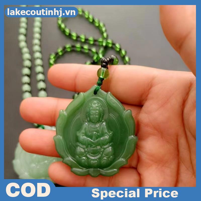Mặt dây chuyền Phật Quan Âm làm từ ngọc xanh khắc tay, phù hợp làm bùa hộ mệnh và trang sức cho nữ