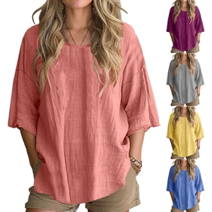Áo sơ mi vải lanh Cotton cỡ lớn dành cho nữ 3 4 tay Áo sơ mi thời trang cổ tròn dáng rộng vừa vặn Áo sơ mi đi biển