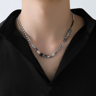 Trang sức thời trang nam mặt dây chuyền tự nhiên đá và pha lê đen trắng,charm vuông titanium thép