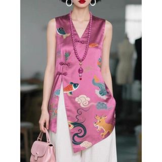 [Khuyến mãi ngắn hạn] Áo vest đỏ hồng phong cách Trung Quốc, thiết kế khóa kéo sang trọng, trendy mùa hè.