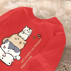Cotton rộng ngắn tay, Mèo Cổ Điển, Áo Thun Bé Gái, Hàn Quốc
