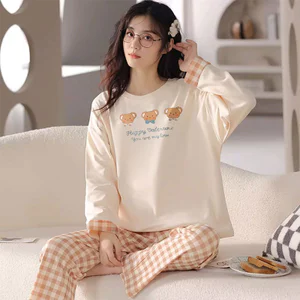 Hàng sẵn có Vận chuyển 2026 Bộ đồ ngủ nữ mùa xuân thu dài tay bằng vải Cotton hoạt hình dáng rộng mùa thu đông Homewear Suit Loose
