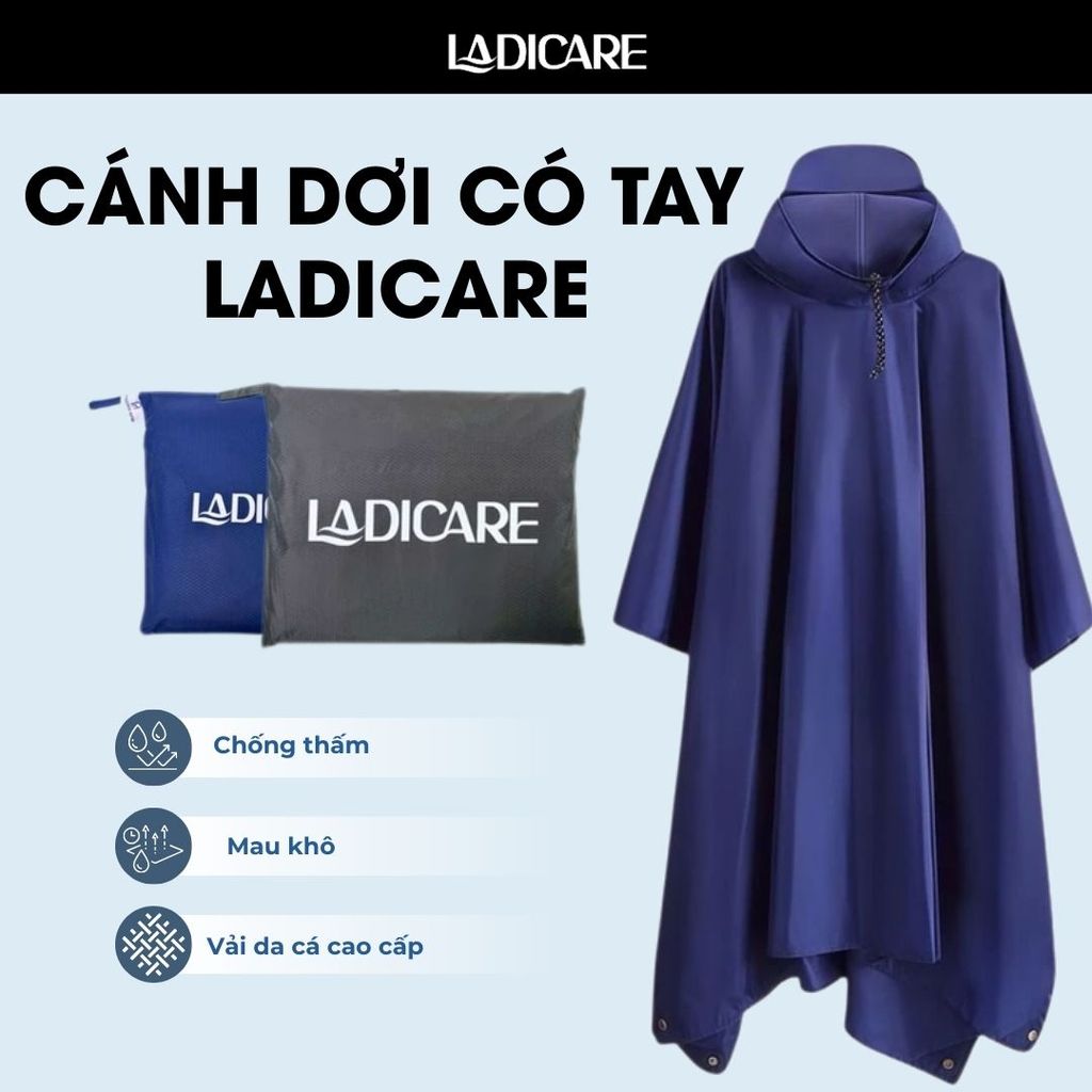 [Loại tốt] Áo mưa LADICARE vải da cá chống thấm - thiết kế cánh dơi có tay, che toàn thân, thoải mái đi mưa