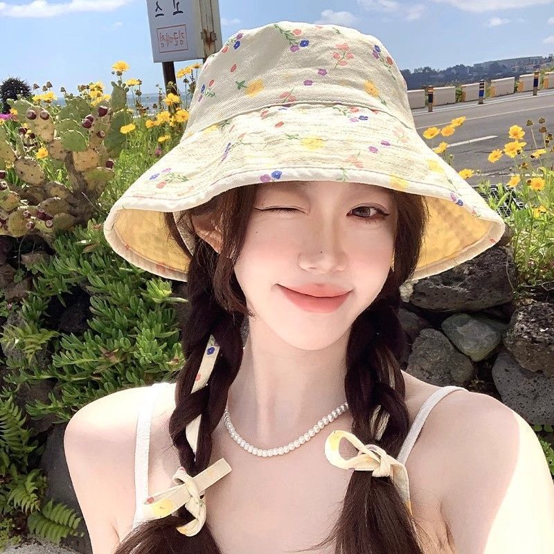 Mũ Chống Nắng Dễ Thương Ngọt Ngào Hoa Hai Mặt Mũ xô Mới Mùa Hè Chống Tia UV Mũ Bucket Vành Rộng