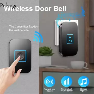 Chuông cửa không dây POKINGE, Chuông cửa điện tử bằng nhựa 5 cấp độ âm lượng, Lắp đặt dễ dàng chống nước thông minh 60 chuông chuông cửa chào mừng An ninh gia đình