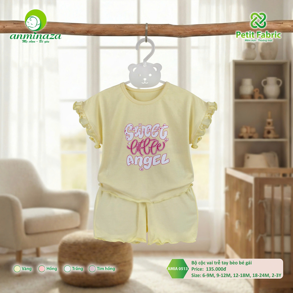 Bộ cộc vai trễ tay bèo bé gái Anminaza Vải Sợi Tre Petit Thấm Hút Thoáng Mát - Hàng Chính Hãng AMIA0513
