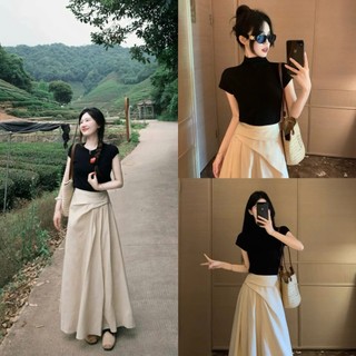 Set Áo Zip Đen Mix Chân Váy Đũi Xoắn Eo Dáng Dài Hàng 2 Lớp Siêu Xinh, Set Đồ Bộ