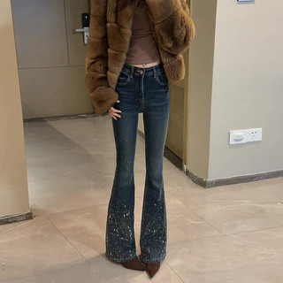 Quần jeans ống loe đính đá sao nữ Cạp cao Tôn dáng 2026 Mùa xuân Cổ điển