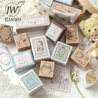 JIANWU Cat and Soft Dream Series Kawaii Cat Phong Cảnh Chất Liệu Cắt Dán Tem Gỗ Sáng Tạo DIY Tạp Chí Văn Phòng Phẩm