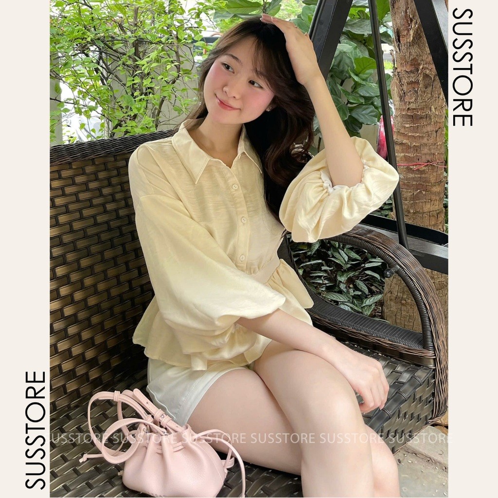 Áo Sơ Mi Bo Eo Lưng Chun Tay Bồng Cúc Dọc Đũi Hàn A322644 Thời Trang Nữ