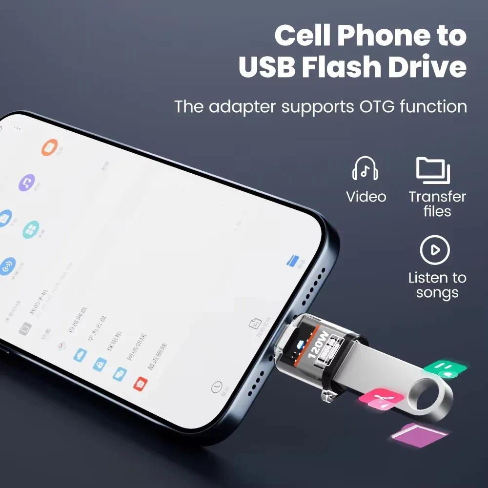 [Hàng có sẵn] Bộ chuyển đổi USB 3.2 sang Type C 120W Bộ chuyển đổi sạc truyền dữ liệu 10Gbps USB Nữ sang Type C Đầu nối nam cho IPhone 17 16 15