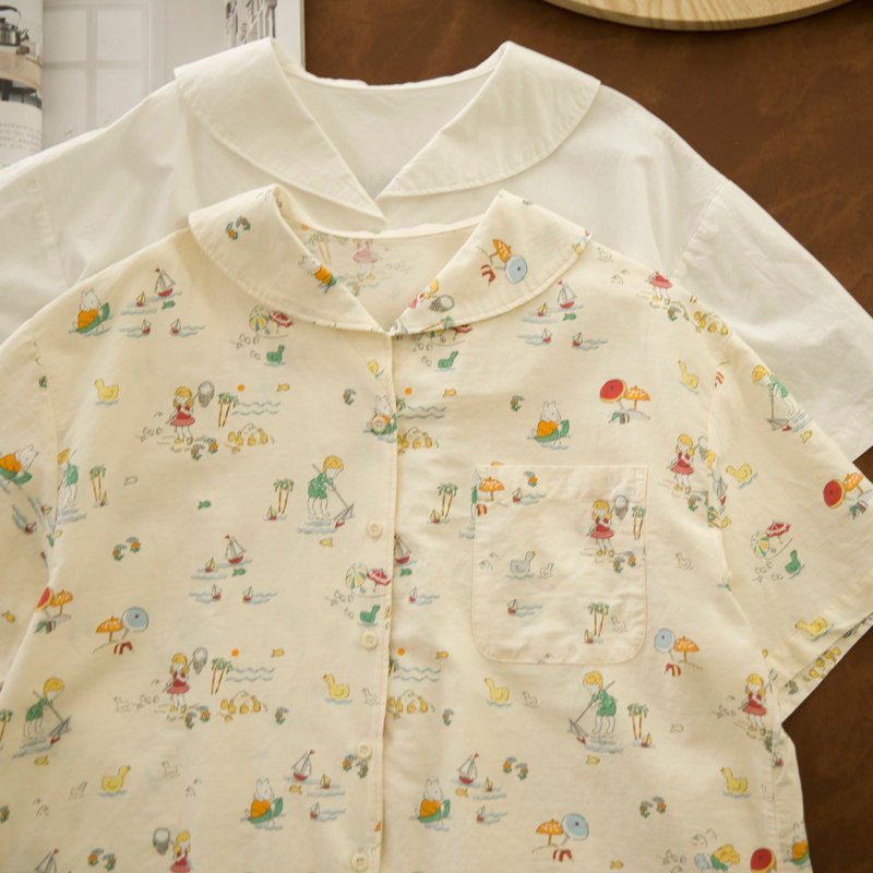 Áo sơ mi cotton cổ hải quân dáng rộng retro, phù hợp cho sinh viên