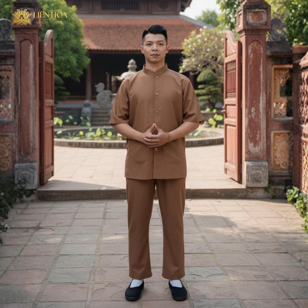 Đồ Lam Nam Đi Chùa Liên Hoa |Pháp Phục Nam Linen Cổ Trụ Tay Ngắn Cúc Cài| Quần Áo Đi Chùa Thoáng Mát