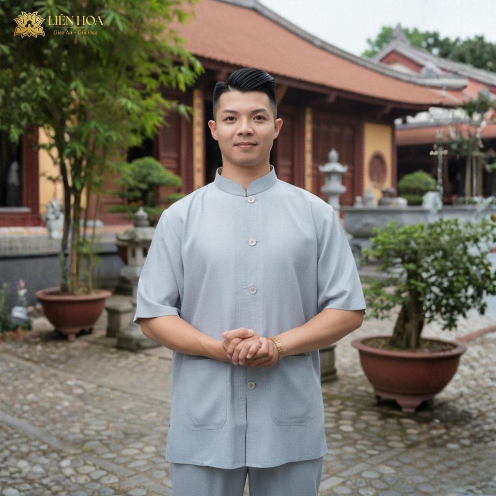 Đồ Lam Nam Đi Chùa Liên Hoa |Pháp Phục Nam Linen Cổ Trụ Tay Ngắn Cúc Cài| Quần Áo Đi Chùa Thoáng Mát