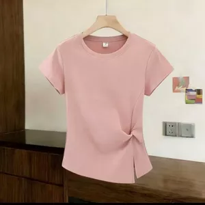 Áo thun nữ short-sleeve với thiết kế thắt nút cổ tròn phong cách Hàn Quốc, phù hợp mùa hè, dáng slim-fit.