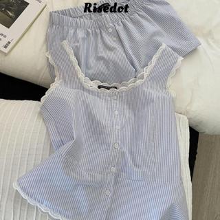Quần áo ngủ RISEDOT không tay, bộ đồ ngủ sọc xanh với ren thoải mái, phù hợp cả người lớn và bé gái