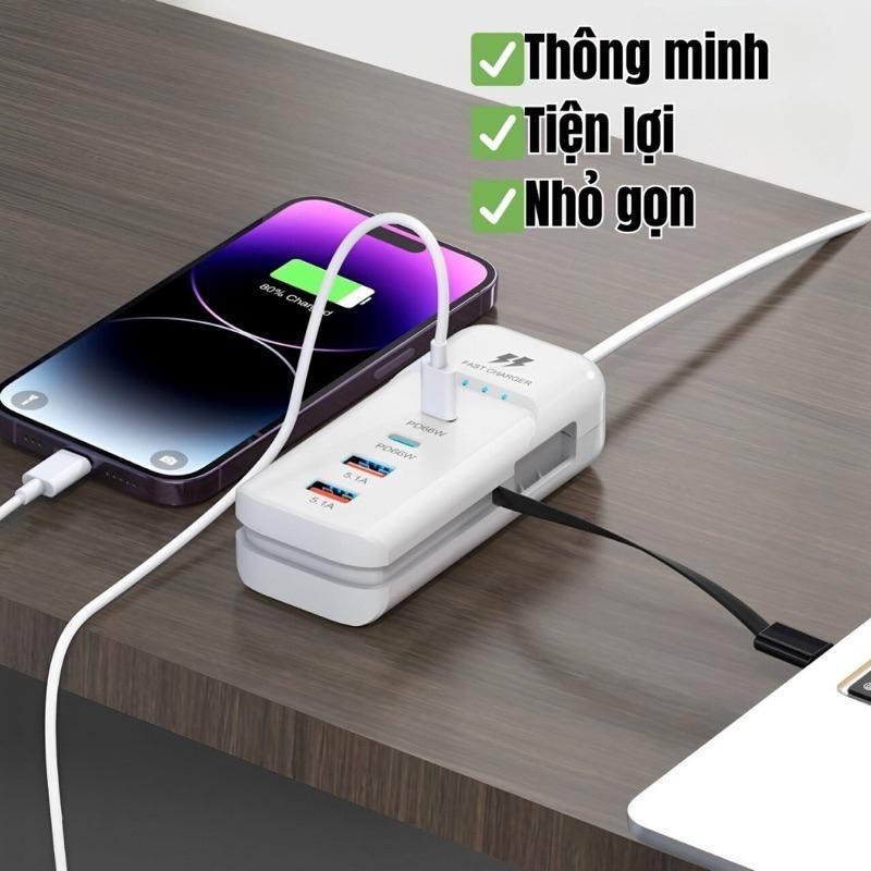 【Hot】Trạm Sạc Để Bàn Nhiều Cổng: USB Type C, dây kéo dài, đa năng sạc điện thoại. An toàn chống cháy!