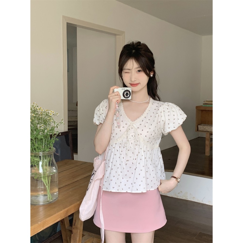 áo babydoll Cổ búp bê tay phồng cổ chữ V ren cổ điển