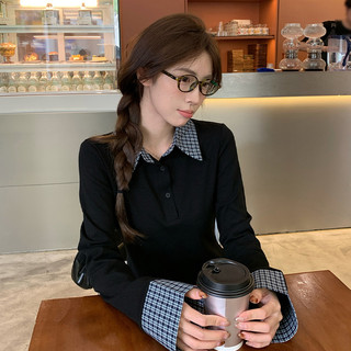 Nova-Áo thun nữ cổ polo hai lớp giả, áo lớp nền dáng ôm, dài tay dễ phối lớp mùa xuân