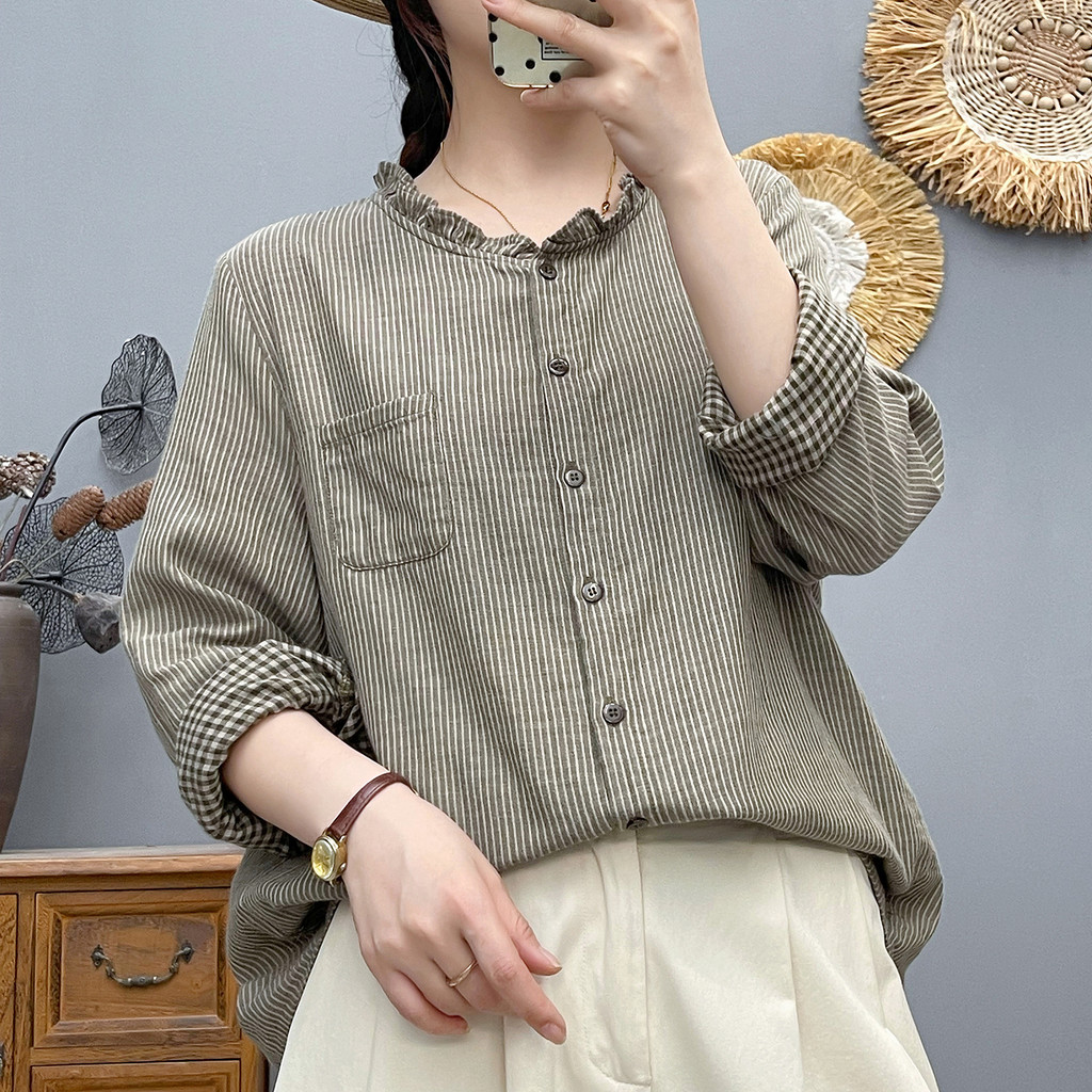 [Hàng có sẵn] Áo sơ mi nữ dài tay họa tiết sọc, chất liệu cotton, thiết kế cổ điển thoải mái