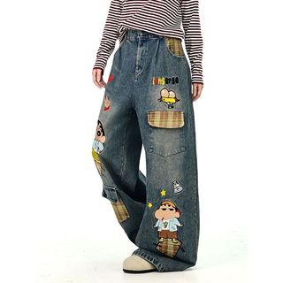 Mới! Quần Jean Ống Rộng Nữ Thêu Hình Crayon Shin-chan và Kẻ Sọc