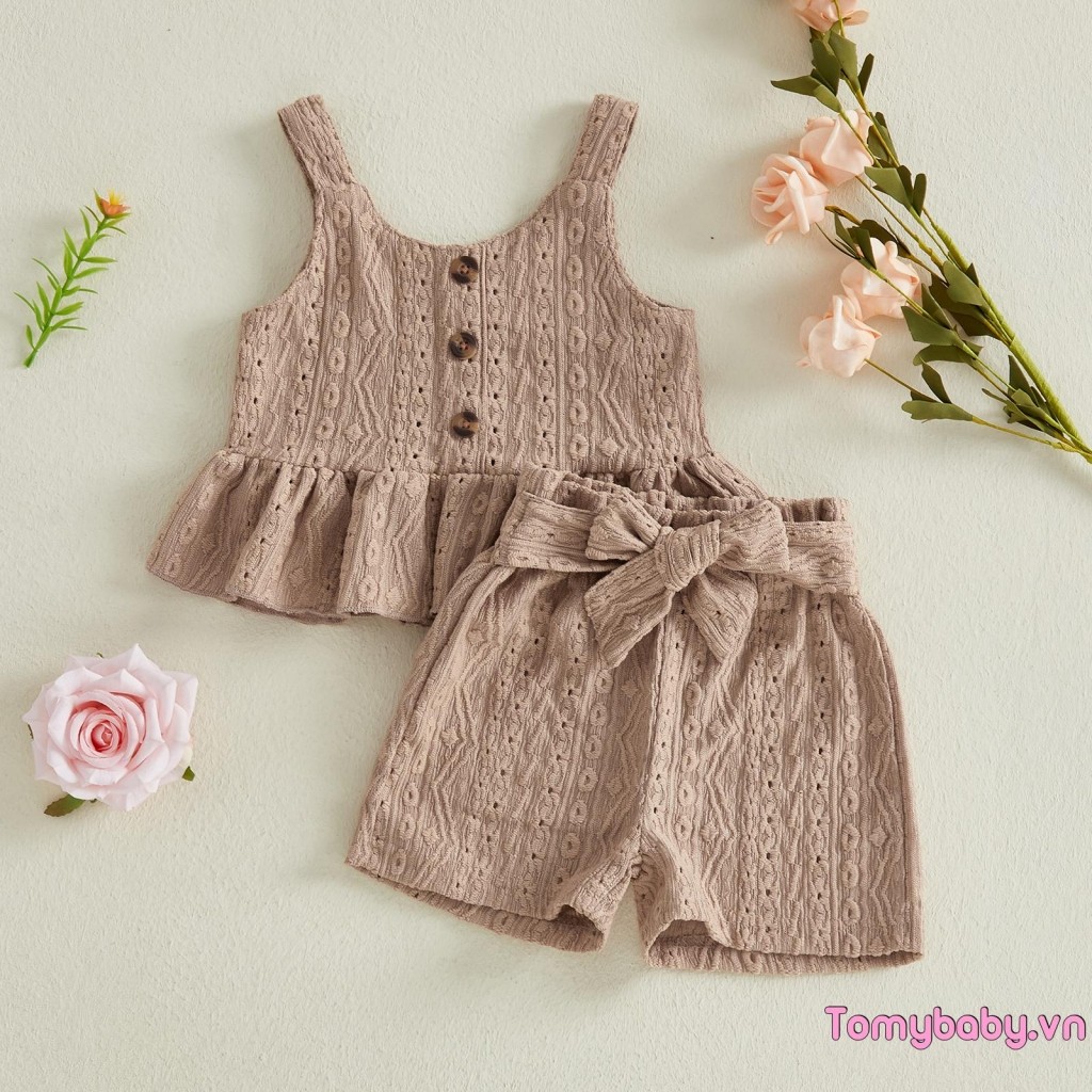 Bộ đồ mùa hè cho bé gái Bộ Áo hai dây rỗng + Quần short buộc dây chắc chắn Trang phục 2 món mùa hè