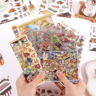 ENWEI 16 Chiếc [Dòng Cuộn Nổi] Nhãn Dán Phong Cảnh 3D Chống Thấm Nước Cực Dài Cung Điện Tiệc Đêm Đèn Lồng Lễ Hội Phong Cách Kawaii Thêu Sò
