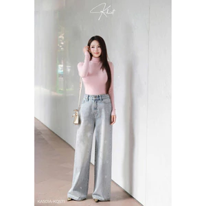 Quần jeans suông Khiết tone xanh nhạt trendy phối đính hoa đá lấp lánh, phong cách daily năng động KQ571