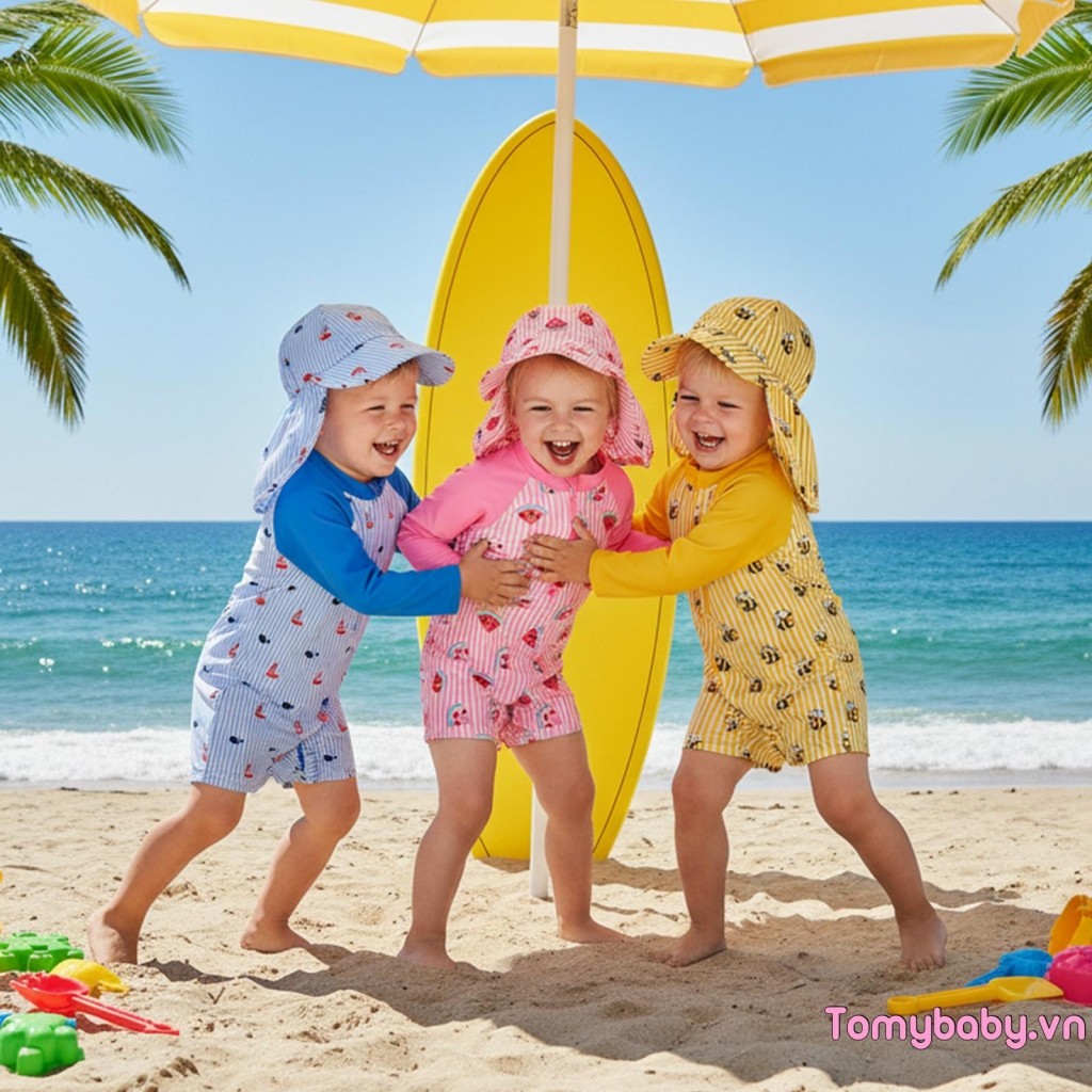 Đồ bơi Baby Rash Guard Bee / Dưa hấu / Thuyền buồm In sọc Zip Up Đồ bơi dài tay có mũ Bộ 2 chiếc