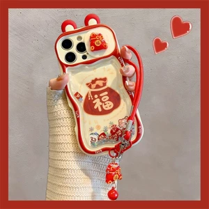 Dây Xích Tai 3D Màu Đỏ Túi May Mắn Dây Xích Chảy Cát Trượt Cửa Sổ Vỏ Điện Thoại Cho iPhone 17 Pro Max 16 Plus 15 14 13 12 11 Vỏ Bảo Vệ Chống Sốc