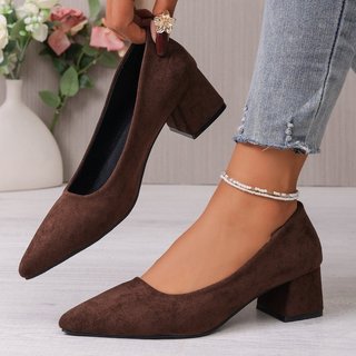 Giày Cao Gót Nữ Mũi Nhọn Dày Gót Slip-On Nông Miệng 35-42