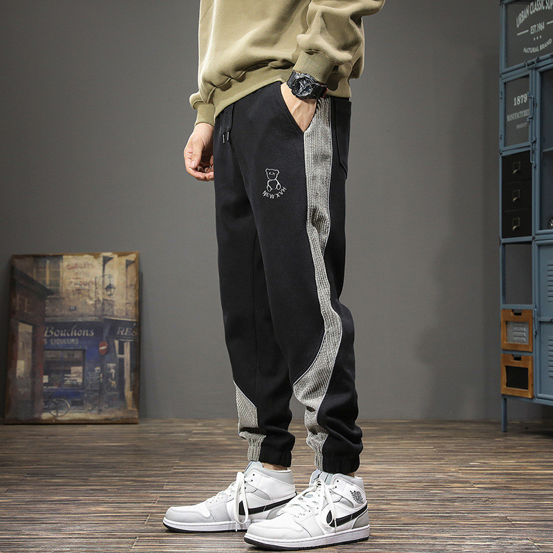 Mùa Thu Gấu Thêu Màu Sắc Tương Phản Khâu Quần Legging Nam Rời Phù Hợp Với Quần Lót Hợp Thời Trang Hậu Cung Nhật Bản Trou