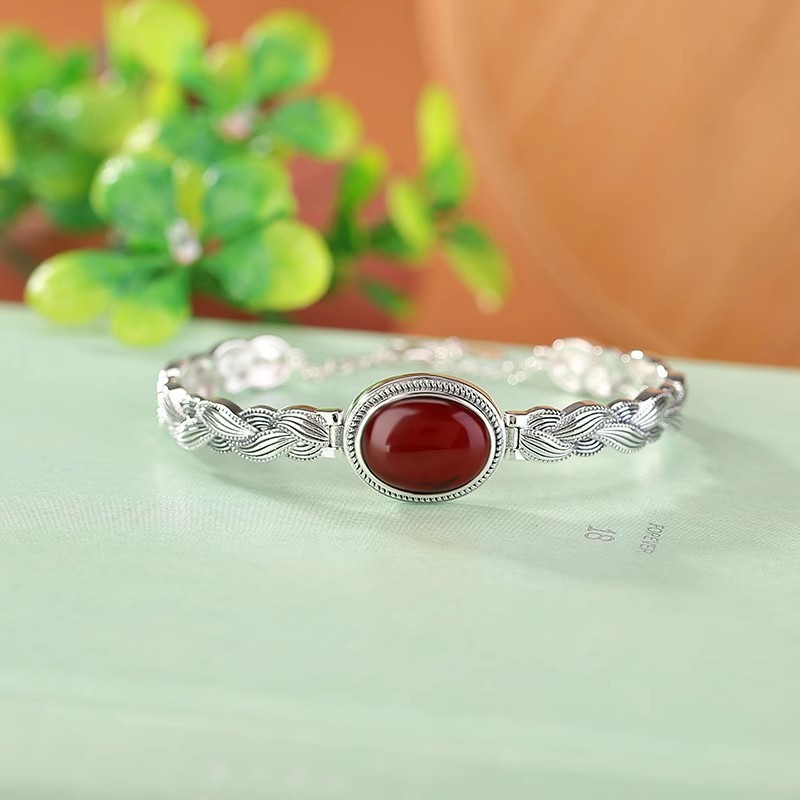 Vintage Đau Khổ S925 Máu Ngọc Trai Dệt Chiên Bột Xoắn Trứng Mì Phong Cách Dân Tộc Nữ Tính Khí Vòng Tay