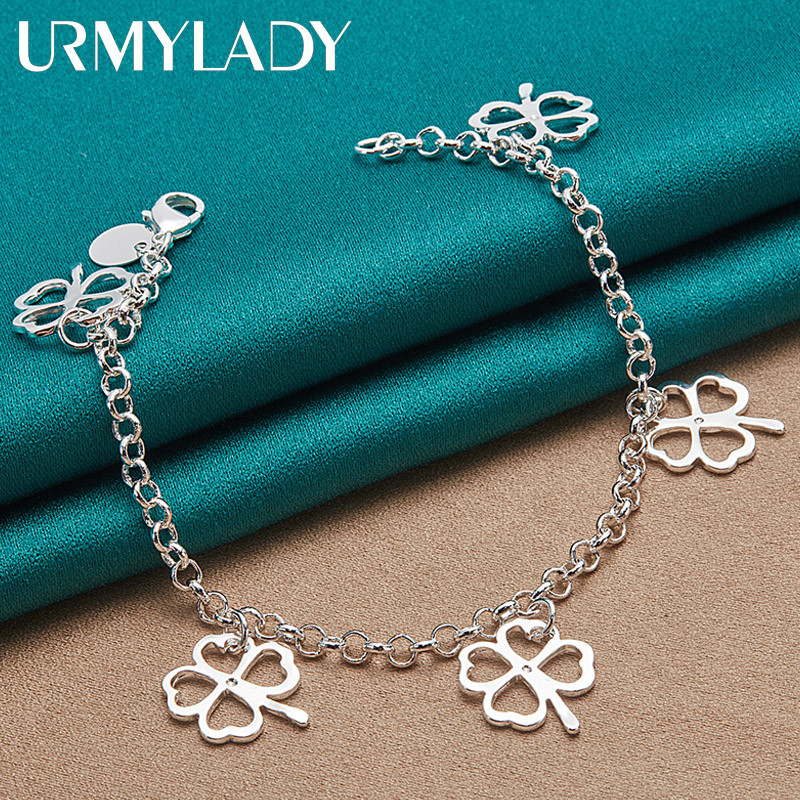 URMYLADY - Mặt dây chuyền và vòng tay bạc 925 bốn lá cỏ ba lá, thời trang thanh lịch cho nữ