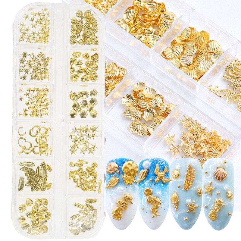 OXXGGKAO 12 Lưới Hộp Móng Tay Nghệ Thuật Trang Trí Chất Làm Đầy Hỗn Hợp Lấp Lánh Vàng Đại Dương Kim Loại Quyến Rũ