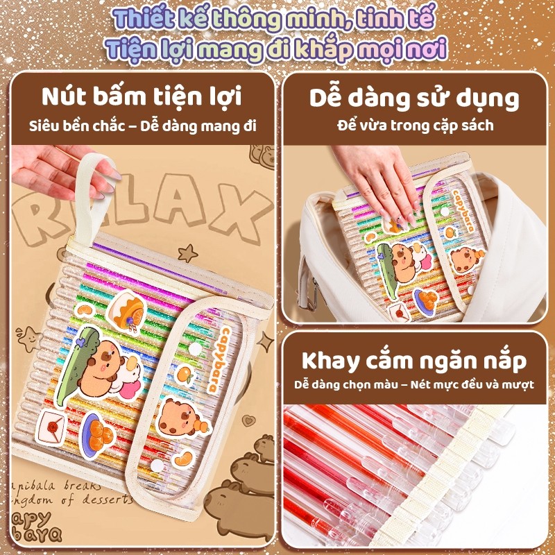 Bút highlight nhiều màu tươi sáng – Bút đánh dấu kim tuyến kèm tem Capybara dễ thương