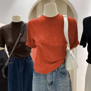 Áo len cổ cao tay ngắn, thiết kế slim-fit, phù hợp mùa xuân thu, đáng yêu và thời trang