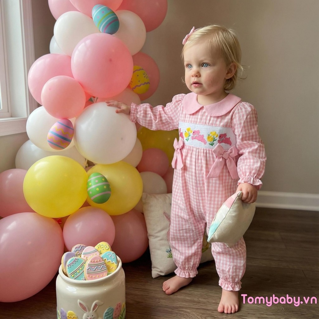 Bé Gái Phục Sinh Rompers Cổ Búp Bê Puff Dài Tay Thỏ Thêu Hoa Kẻ Sọc In Áo liền quần