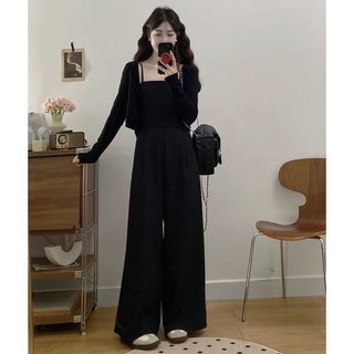 Bộ đồ mùa xuân mùa hè Plus Size Jumpsuit + Cardigan Nữ Bộ đồ thể thao thông thường dành cho nữ 2025 Phong cách mùa thu Fat mm Sling Jumpsuit Quần ống rộng Phong cách phương Tây Bộ đồ hai mảnh giảm tuổi Plus Size Quần áo nữ