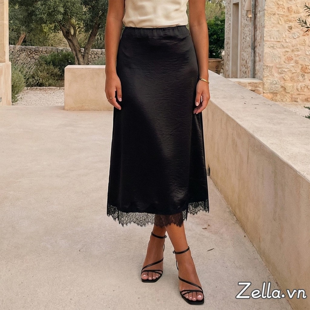 Váy Midi Satin viền ren thanh lịch, phù hợp cho tiệc đi biển