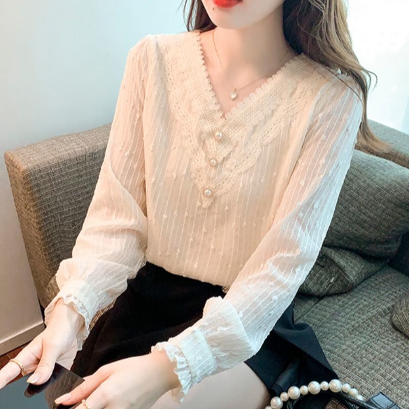 Áo sơ mi nữ lót lông cừu dày dặn, kiểu dáng mới, áo mặc trong thời trang và sành điệu, áo sơ mi ren voan thanh lịch